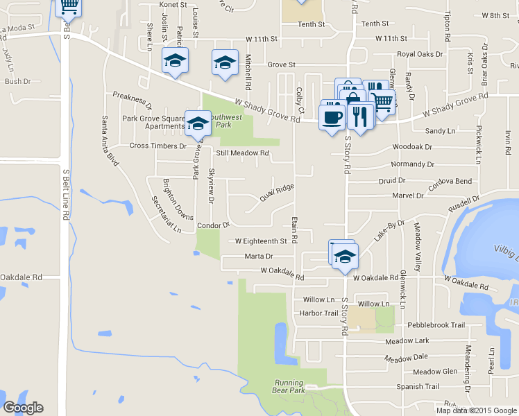 map of restaurants, bars, coffee shops, grocery stores, and more near 2704 Quail Ridge Street in Irving