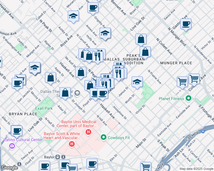 map of restaurants, bars, coffee shops, grocery stores, and more near 918 North Peak Street in Dallas