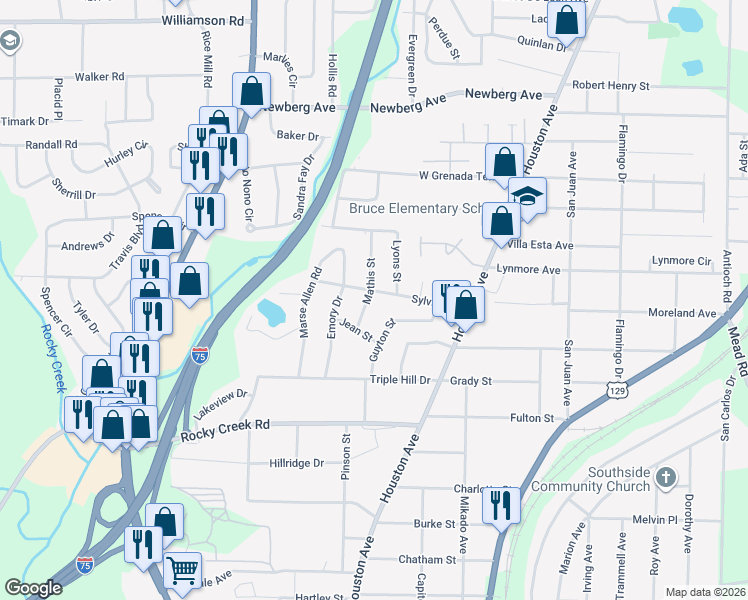 map of restaurants, bars, coffee shops, grocery stores, and more near 3914 Mathis Street in Macon
