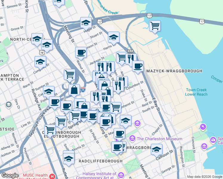 map of restaurants, bars, coffee shops, grocery stores, and more near 45 Hanover Street in Charleston