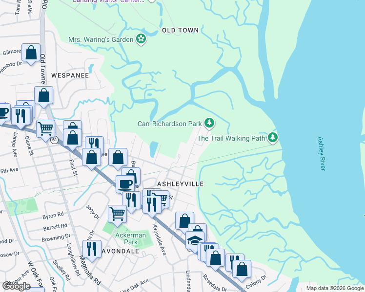 map of restaurants, bars, coffee shops, grocery stores, and more near 1035 Main Street in Charleston