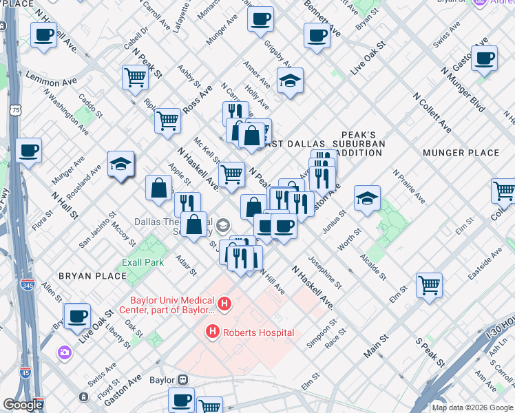map of restaurants, bars, coffee shops, grocery stores, and more near 1190 North Haskell Avenue in Dallas