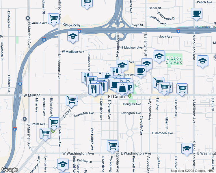 map of restaurants, bars, coffee shops, grocery stores, and more near 198 West Main Street in El Cajon