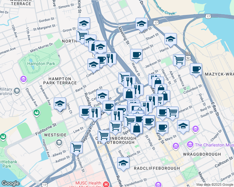 map of restaurants, bars, coffee shops, grocery stores, and more near 86 Fishburne Street in Charleston