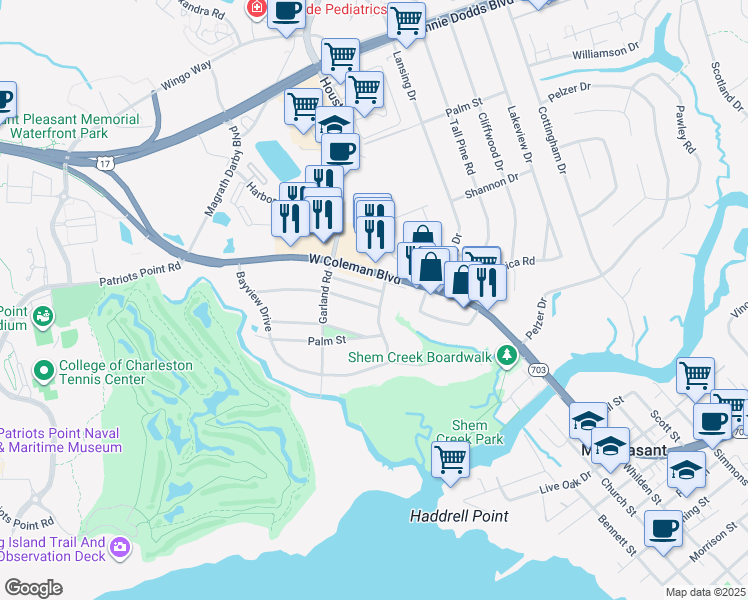 map of restaurants, bars, coffee shops, grocery stores, and more near 1114 Harbor Gate Drive in Mount Pleasant