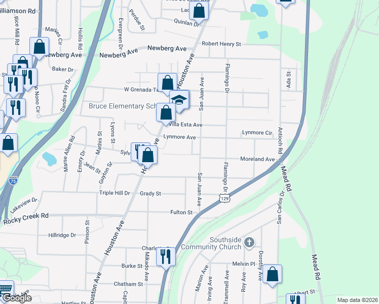 map of restaurants, bars, coffee shops, grocery stores, and more near 3897 Tela Place in Macon