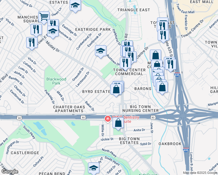 map of restaurants, bars, coffee shops, grocery stores, and more near 2400 Moreland Drive in Mesquite