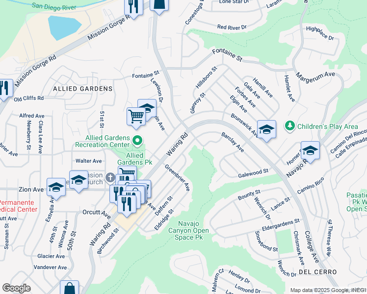 map of restaurants, bars, coffee shops, grocery stores, and more near 6866 Birchwood Street in San Diego