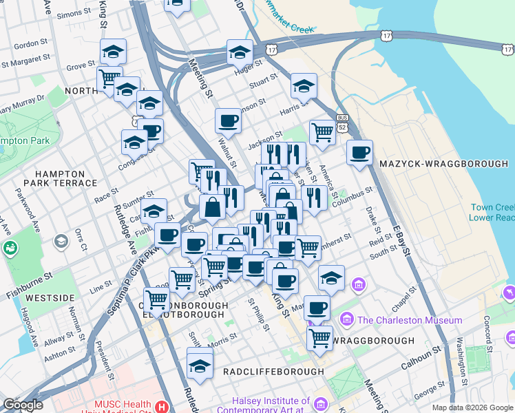 map of restaurants, bars, coffee shops, grocery stores, and more near 40 Line Street in Charleston