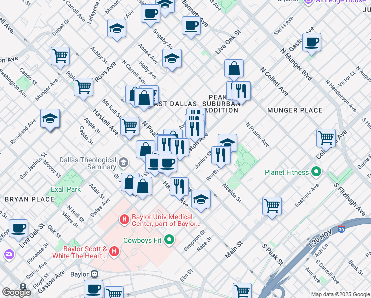 map of restaurants, bars, coffee shops, grocery stores, and more near 4420 Gaston Avenue in Dallas