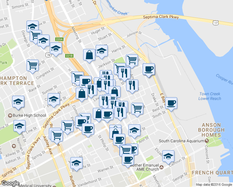 map of restaurants, bars, coffee shops, grocery stores, and more near 89 Nassau St in Charleston