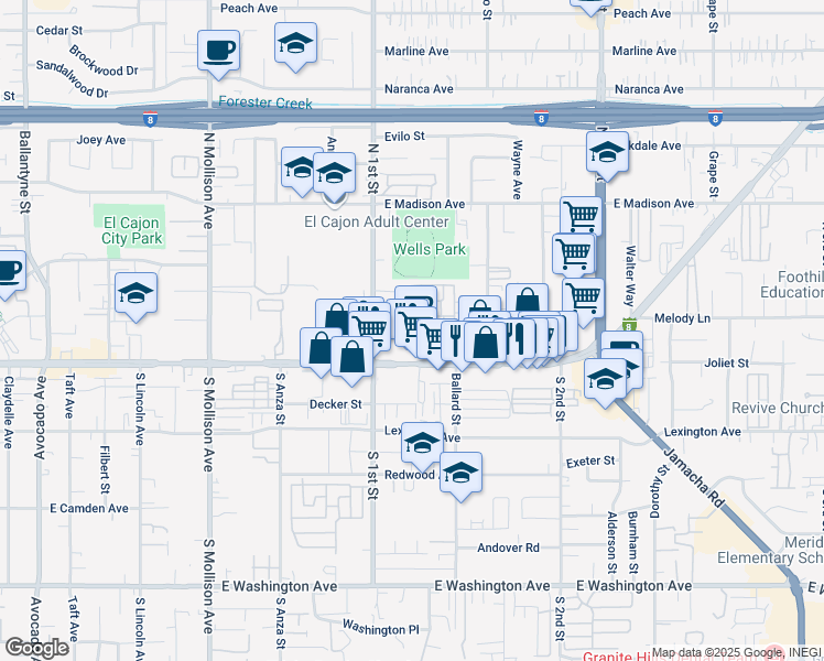 map of restaurants, bars, coffee shops, grocery stores, and more near 153 Enterprise Drive in El Cajon