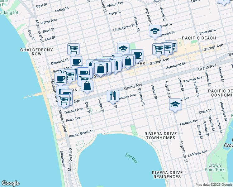 map of restaurants, bars, coffee shops, grocery stores, and more near 1215 Grand Avenue in San Diego