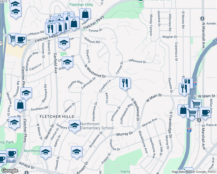 map of restaurants, bars, coffee shops, grocery stores, and more near 1904 Wedgemere Road in El Cajon