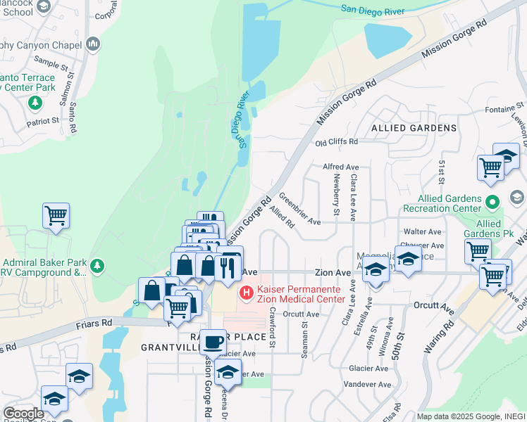 map of restaurants, bars, coffee shops, grocery stores, and more near 6755 Mission Gorge Road in San Diego
