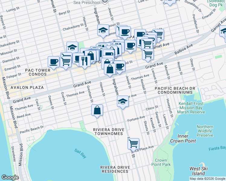 map of restaurants, bars, coffee shops, grocery stores, and more near 1572 1/2 Reed Avenue in San Diego