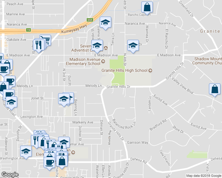 map of restaurants, bars, coffee shops, grocery stores, and more near 1875 Granite Hills Drive in El Cajon