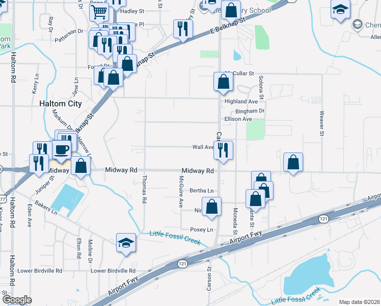 map of restaurants, bars, coffee shops, grocery stores, and more near 5908 Wall Avenue in Haltom City