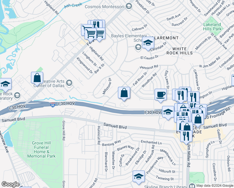 map of restaurants, bars, coffee shops, grocery stores, and more near 7731 East R L Thornton Freeway in Dallas