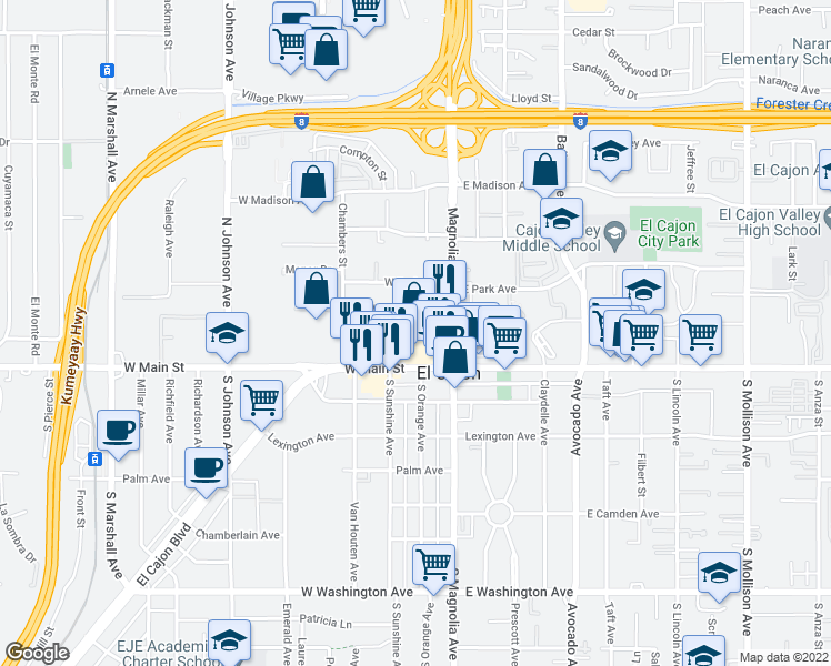 map of restaurants, bars, coffee shops, grocery stores, and more near 198 West Main Street in El Cajon