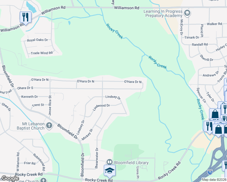 map of restaurants, bars, coffee shops, grocery stores, and more near 3126 O'Hara Drive North in Macon