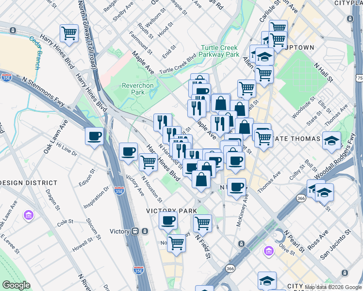 map of restaurants, bars, coffee shops, grocery stores, and more near 2900 McKinnon Street in Dallas