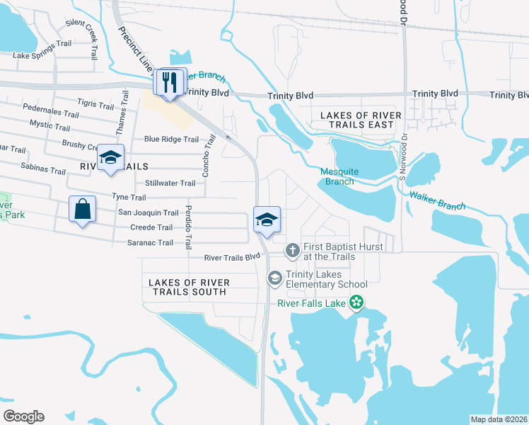map of restaurants, bars, coffee shops, grocery stores, and more near 2645 Trinity Trail Way in Fort Worth