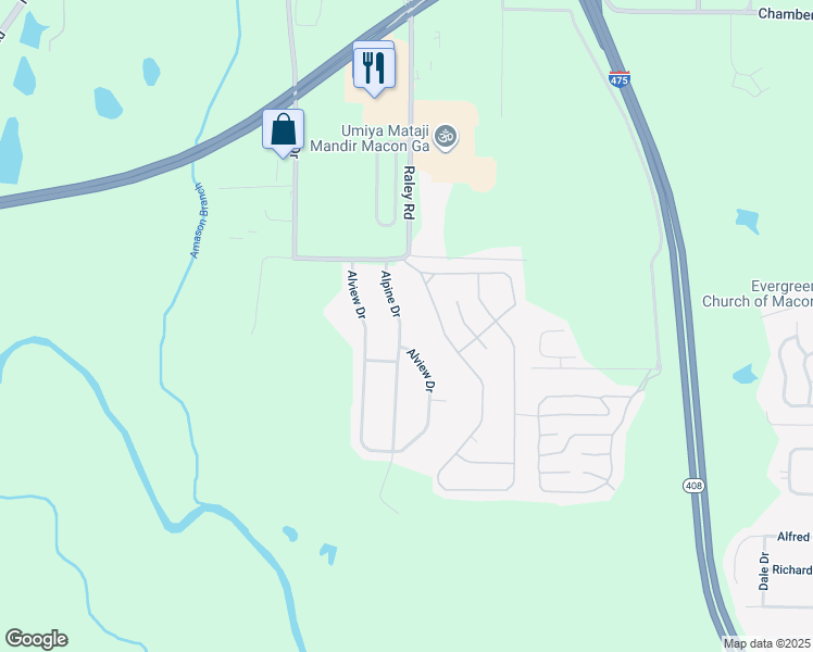 map of restaurants, bars, coffee shops, grocery stores, and more near 128 Alpine Drive in Macon