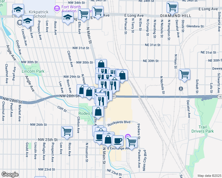 map of restaurants, bars, coffee shops, grocery stores, and more near 2875 North Commerce Street in Fort Worth