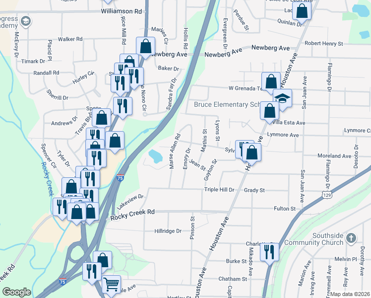 map of restaurants, bars, coffee shops, grocery stores, and more near 3939 Emory Drive in Macon