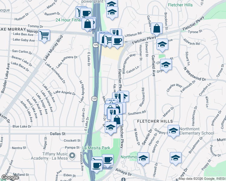 map of restaurants, bars, coffee shops, grocery stores, and more near 202 Thrasher Drive in El Cajon