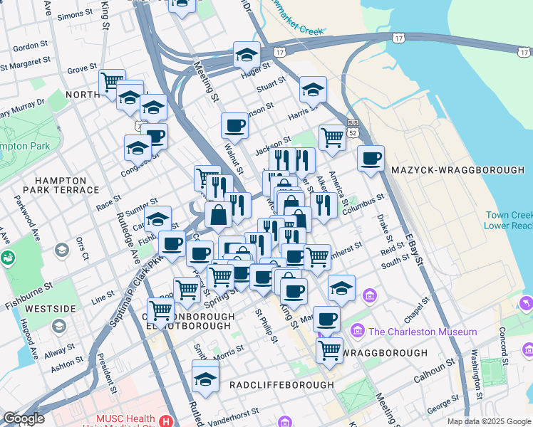 map of restaurants, bars, coffee shops, grocery stores, and more near 38 Line Street in Charleston
