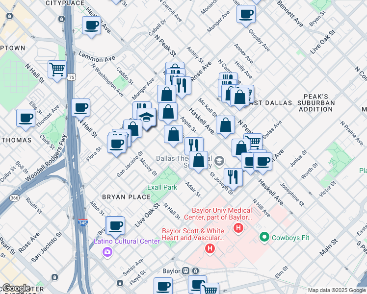 map of restaurants, bars, coffee shops, grocery stores, and more near 3801 Bryan Street in Dallas