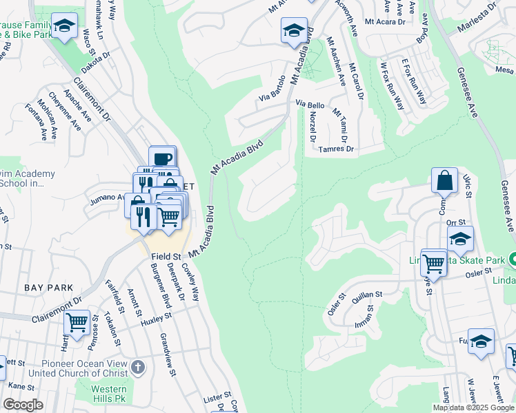 map of restaurants, bars, coffee shops, grocery stores, and more near 5360 Burford Street in San Diego