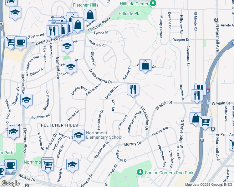 map of restaurants, bars, coffee shops, grocery stores, and more near 1894 Wedgemere Road in El Cajon