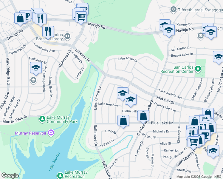 map of restaurants, bars, coffee shops, grocery stores, and more near 6363 Lake Lucerne Drive in San Diego