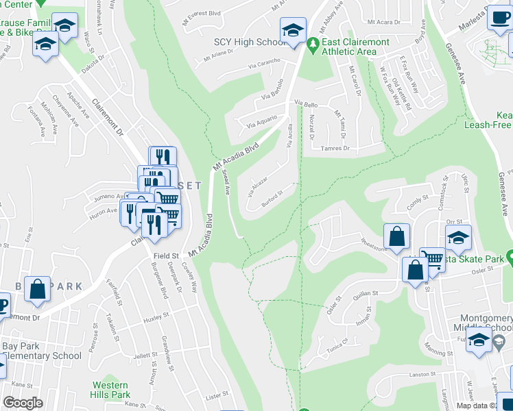 map of restaurants, bars, coffee shops, grocery stores, and more near 5360 Burford Street in San Diego
