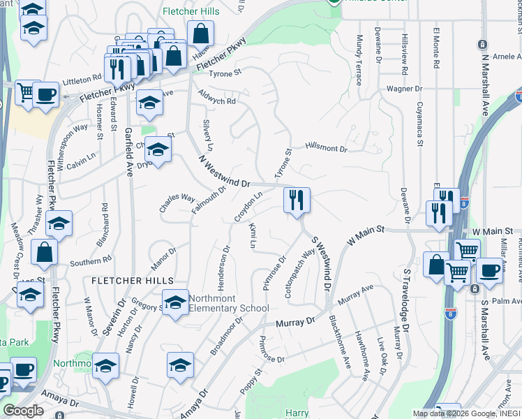 map of restaurants, bars, coffee shops, grocery stores, and more near 1904 Wedgemere Road in El Cajon