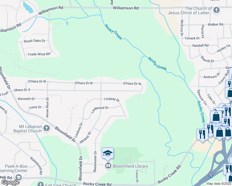 map of restaurants, bars, coffee shops, grocery stores, and more near 3126 O'Hara Drive North in Macon