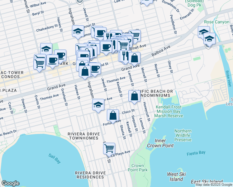 map of restaurants, bars, coffee shops, grocery stores, and more near 1760 Oliver Avenue in San Diego