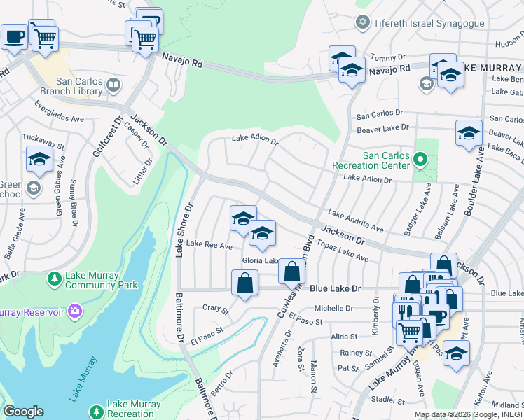 map of restaurants, bars, coffee shops, grocery stores, and more near 7712 Topaz Lake Avenue in San Diego