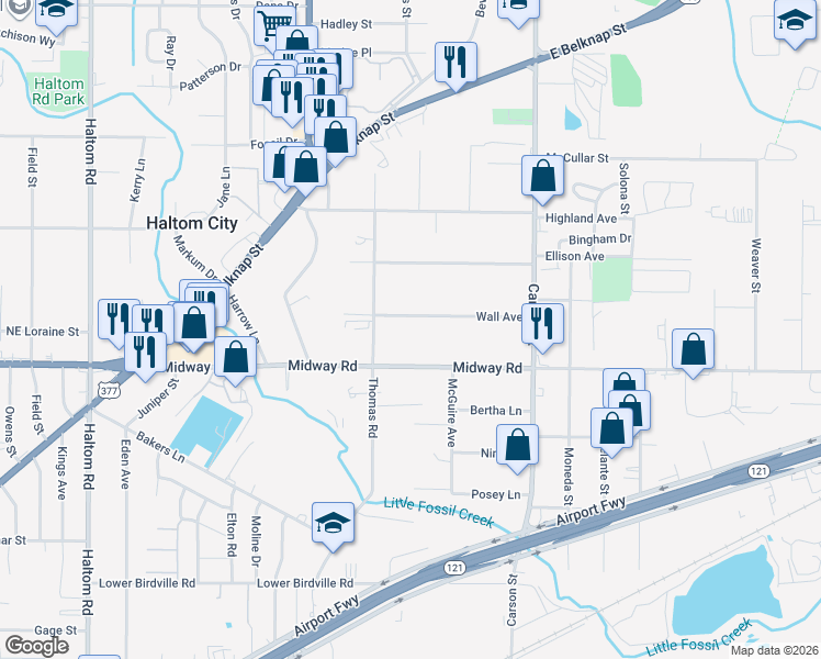 map of restaurants, bars, coffee shops, grocery stores, and more near 5820 Wall Avenue in Fort Worth