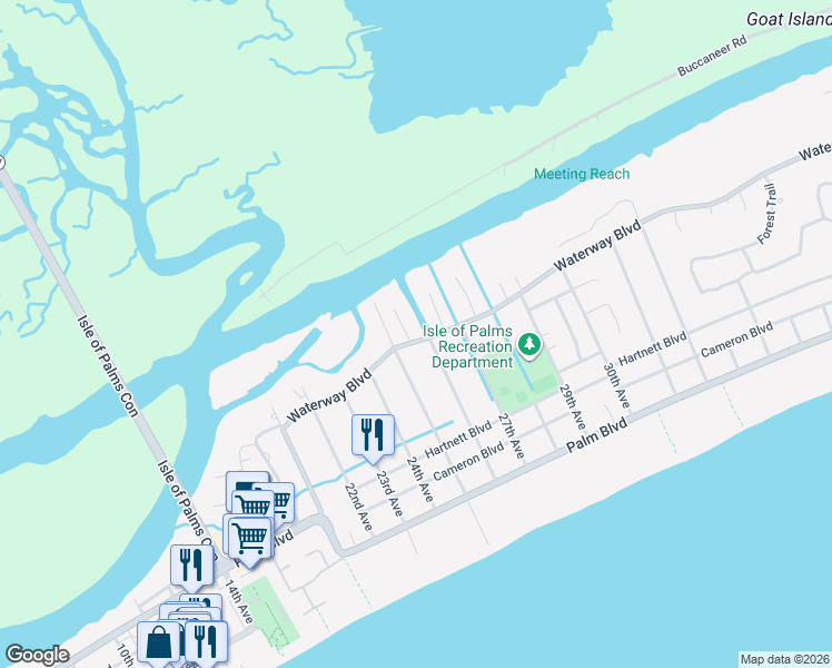 map of restaurants, bars, coffee shops, grocery stores, and more near 2 Tabby Lane in Isle of Palms