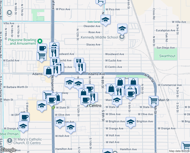 map of restaurants, bars, coffee shops, grocery stores, and more near 844 Park Avenue in El Centro