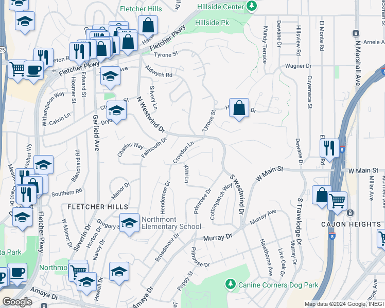 map of restaurants, bars, coffee shops, grocery stores, and more near 1894 Wedgemere Road in El Cajon