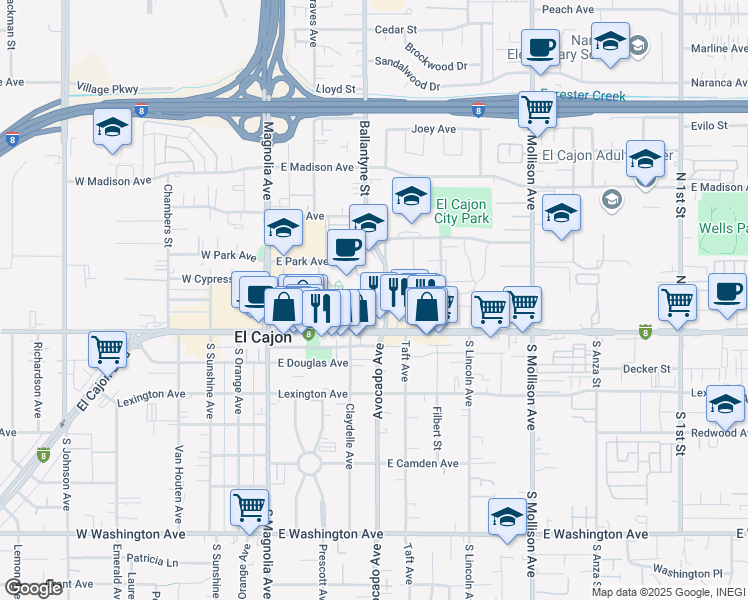 map of restaurants, bars, coffee shops, grocery stores, and more near 180 Ballantyne Street in El Cajon