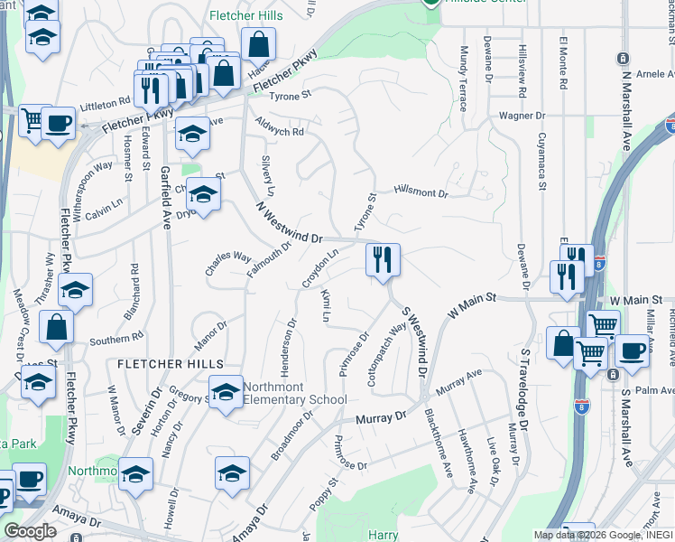 map of restaurants, bars, coffee shops, grocery stores, and more near 1904 Wedgemere Road in El Cajon