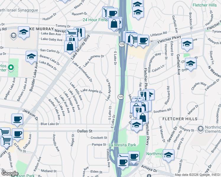 map of restaurants, bars, coffee shops, grocery stores, and more near 6335 Lake Apopka Place in San Diego