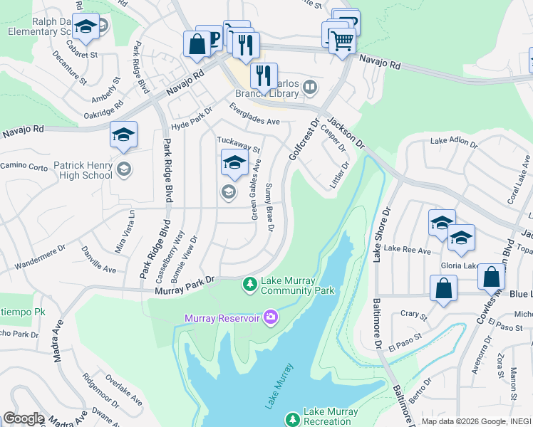 map of restaurants, bars, coffee shops, grocery stores, and more near 6571 Green Gables Avenue in San Diego