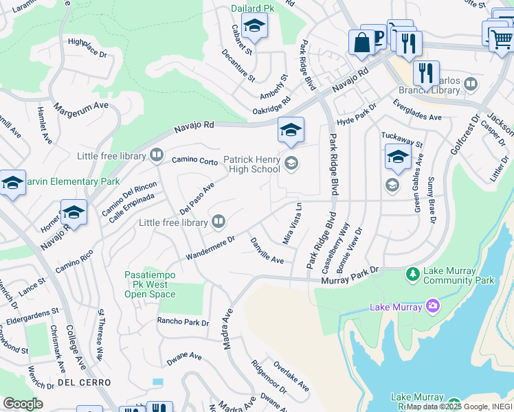 map of restaurants, bars, coffee shops, grocery stores, and more near 6589 Bluefield Place in San Diego